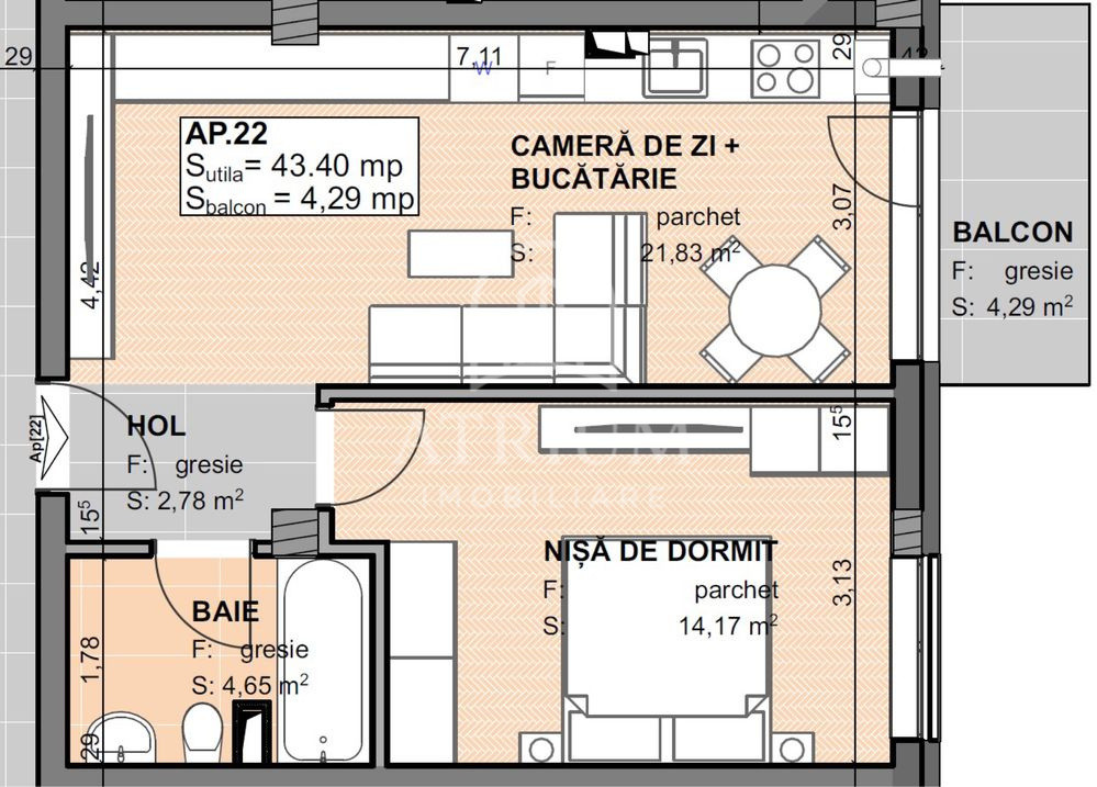 Apartament 2 camere semidecomandate suprafata de 44 MP Apahida