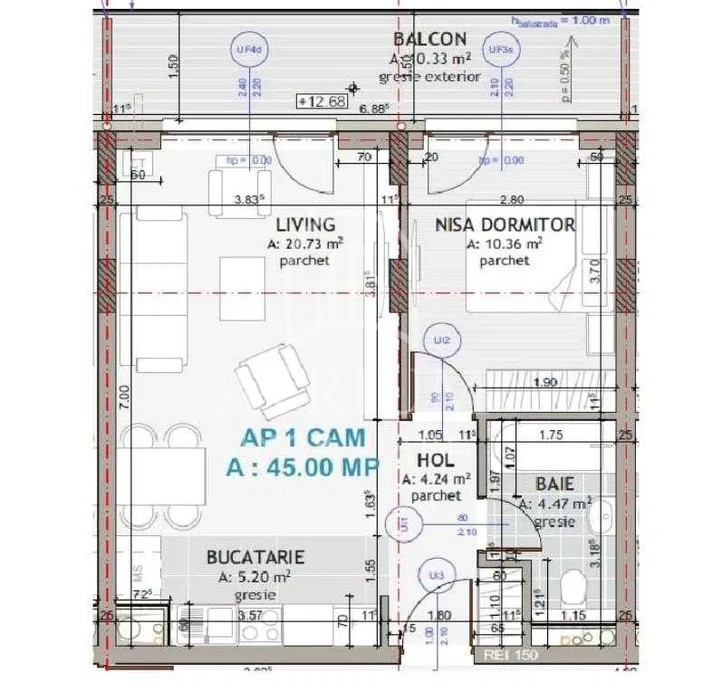 Apartament 2 camere semidecomandate suprafata de 45 MP Floresti