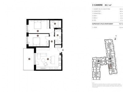 Apartment 3 camere, 72.7mp, balcon, zona Gării
