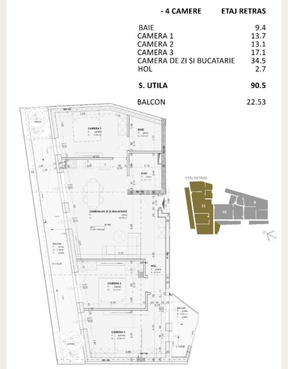 Apartament 4 camere bloc nou, 90,5 mp utili cu 22,5 terasa, zona Centrala 