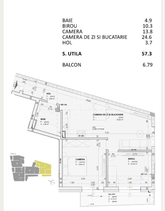 Apartament 3 camere bloc nou, mp 57,3 utili cu 6,79 balcon, zona Centrala 