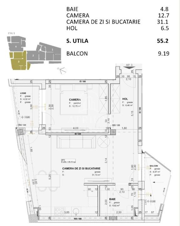 Apartament 2 camere bloc nou, mp 55,2 utili cu 9,19 balcon, zona Centrala 